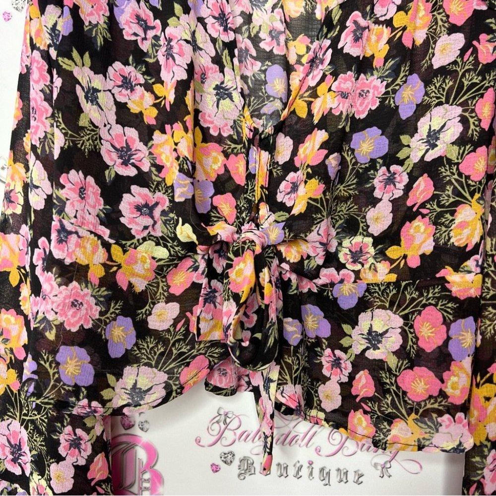 Free people blouse floral flowers rainbow 🌈 mixture neon bow tie ribbon 🎀 - Picture 3 of 14